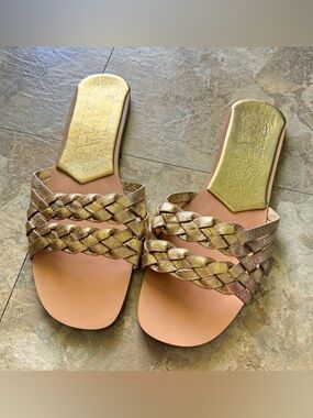 ZARA Woven Metallic Slide Sandals - Gold